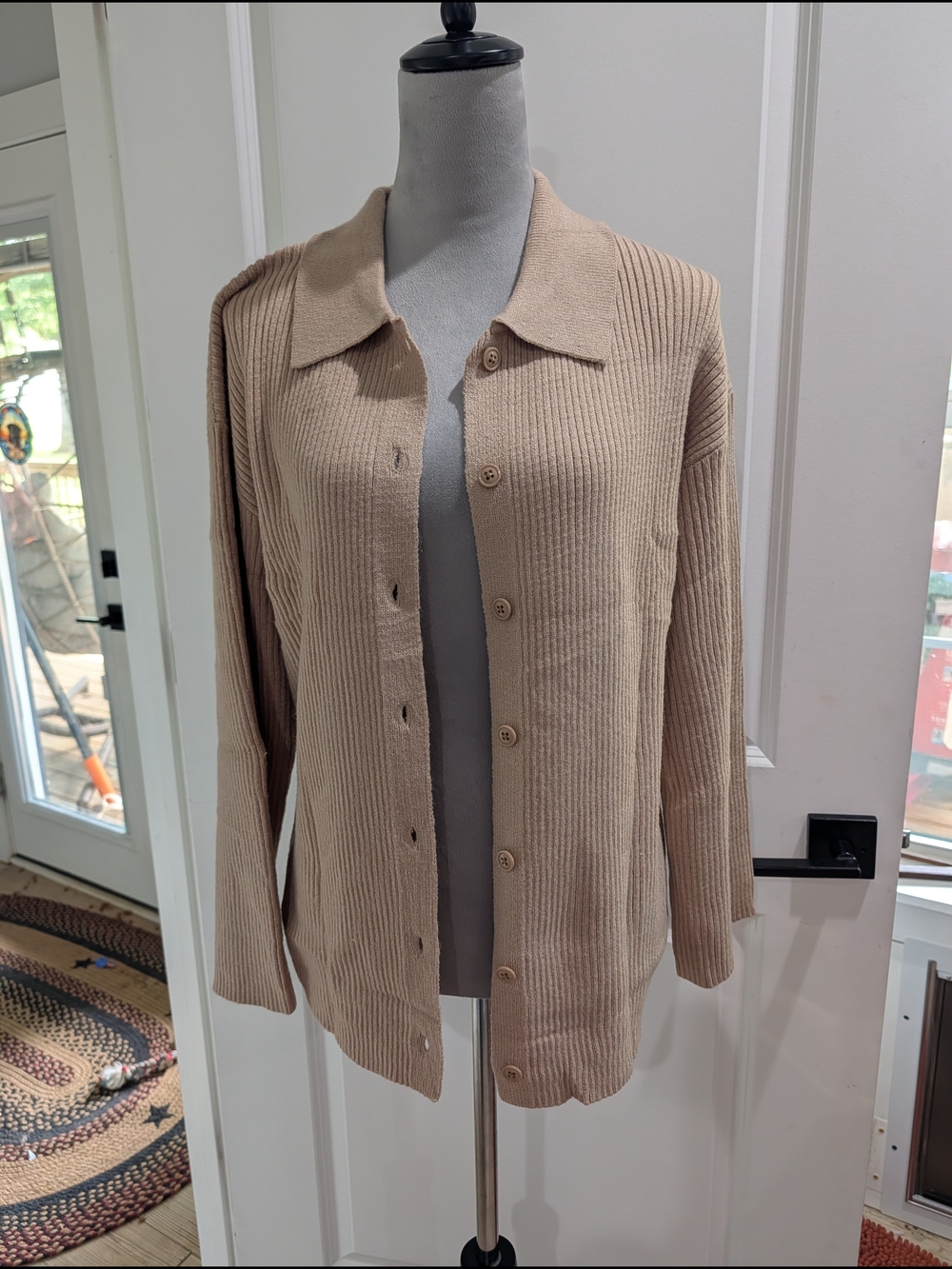Beige Ribbed Button-Front Sweater Cardigan - Picture 2 of 5